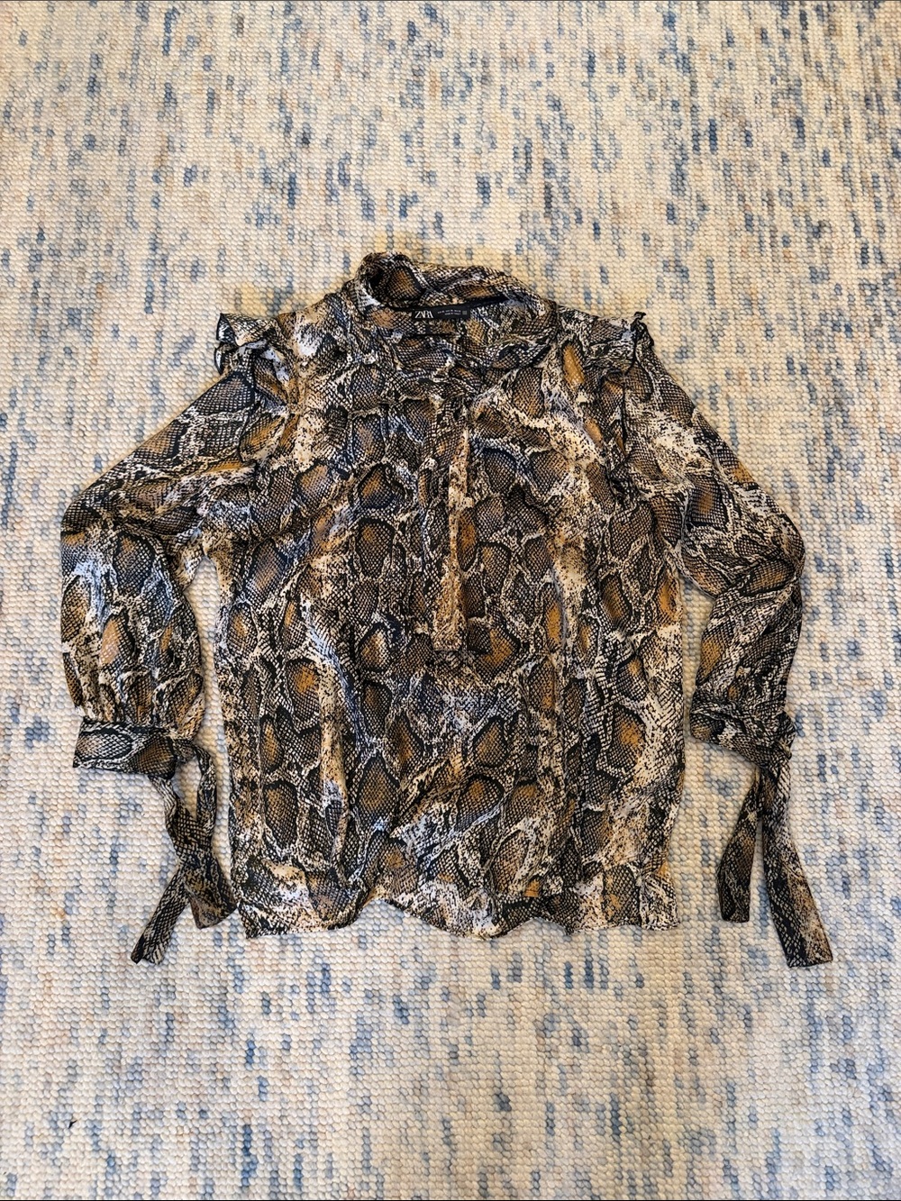 Zara Snake Print Long-Sleeve Tie-Cuff Blouse - Brown/Black with Ruffle Shoulder